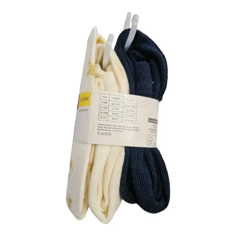 18-36M Cream with Gold Stars and Navy Blue Toddler Tights Set of 2